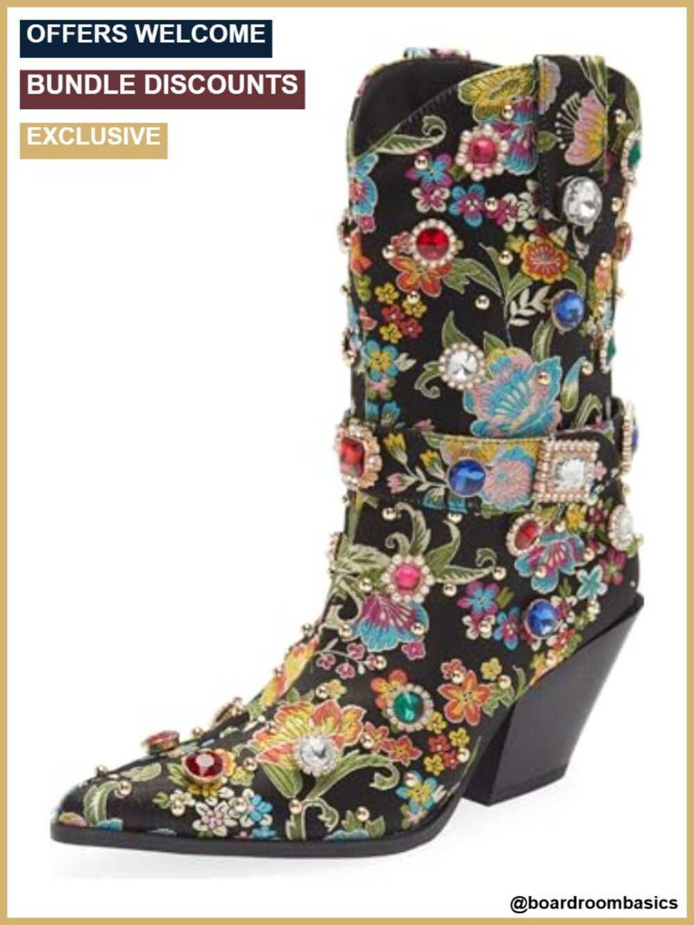 Western Cowboy Boots Flower Embroidered Rhinestone Mid Calf Pointed Toe Chunky
